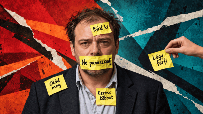Megcsalás: Férfi „Bírd ki”, „Ne panaszkodj”, „Oldd meg” és „Keress többet” feliratú cetlikkel, miközben egy női kéz „Légy férfi” üzenetet tart mellette.
